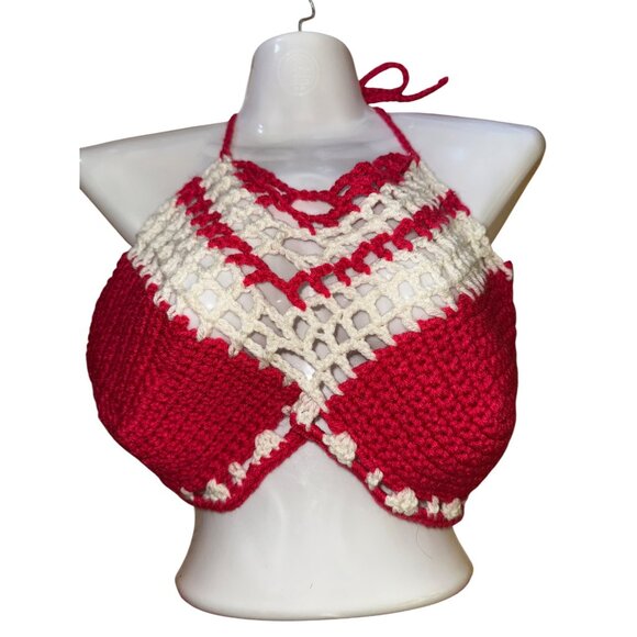 Handmade Crochet Bikini Set Pink & White Halter Top Knit Sexy Swimsuit Large Hot - Picture 2 of 7